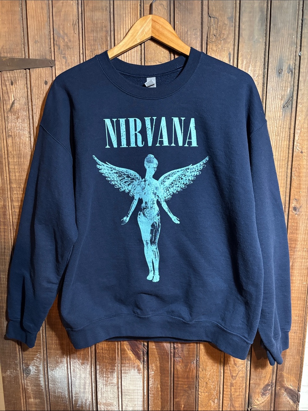 NIRVANA Navy Crewneck Sweatshirt with Teal Angel Graphic